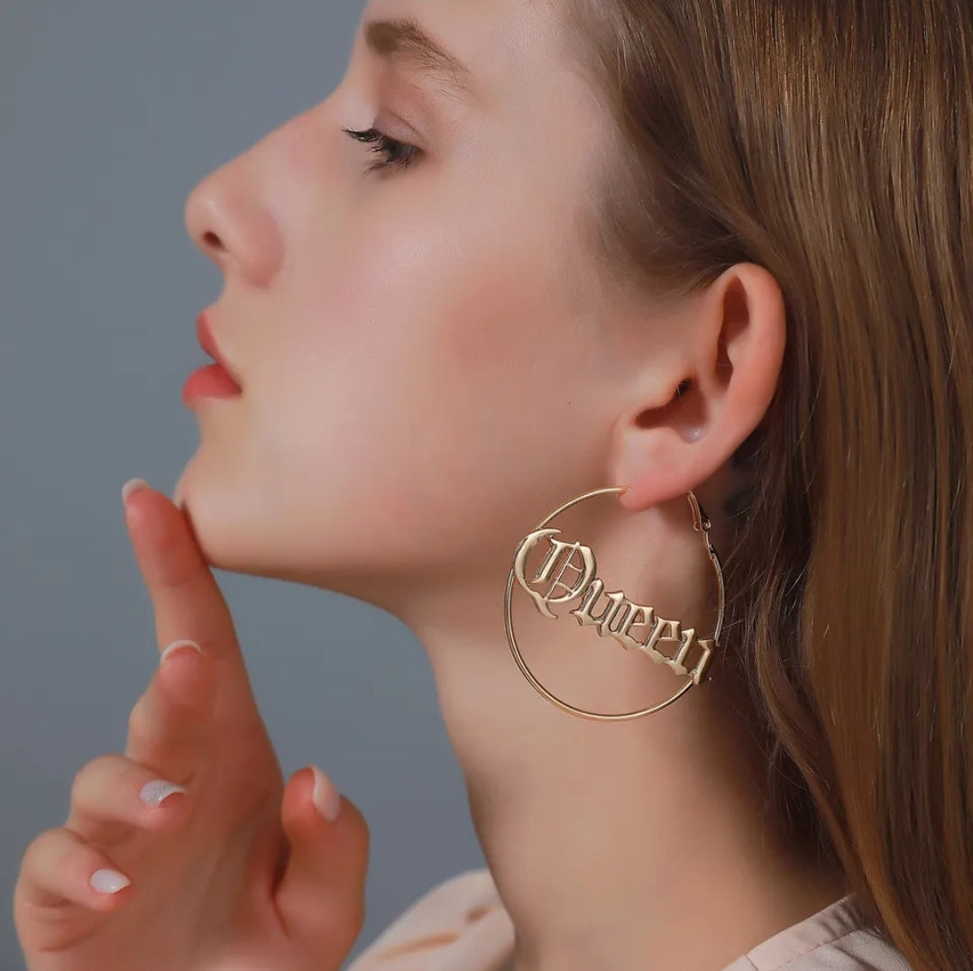 Queen Letter Hoop Earrings (Gold or Silver)