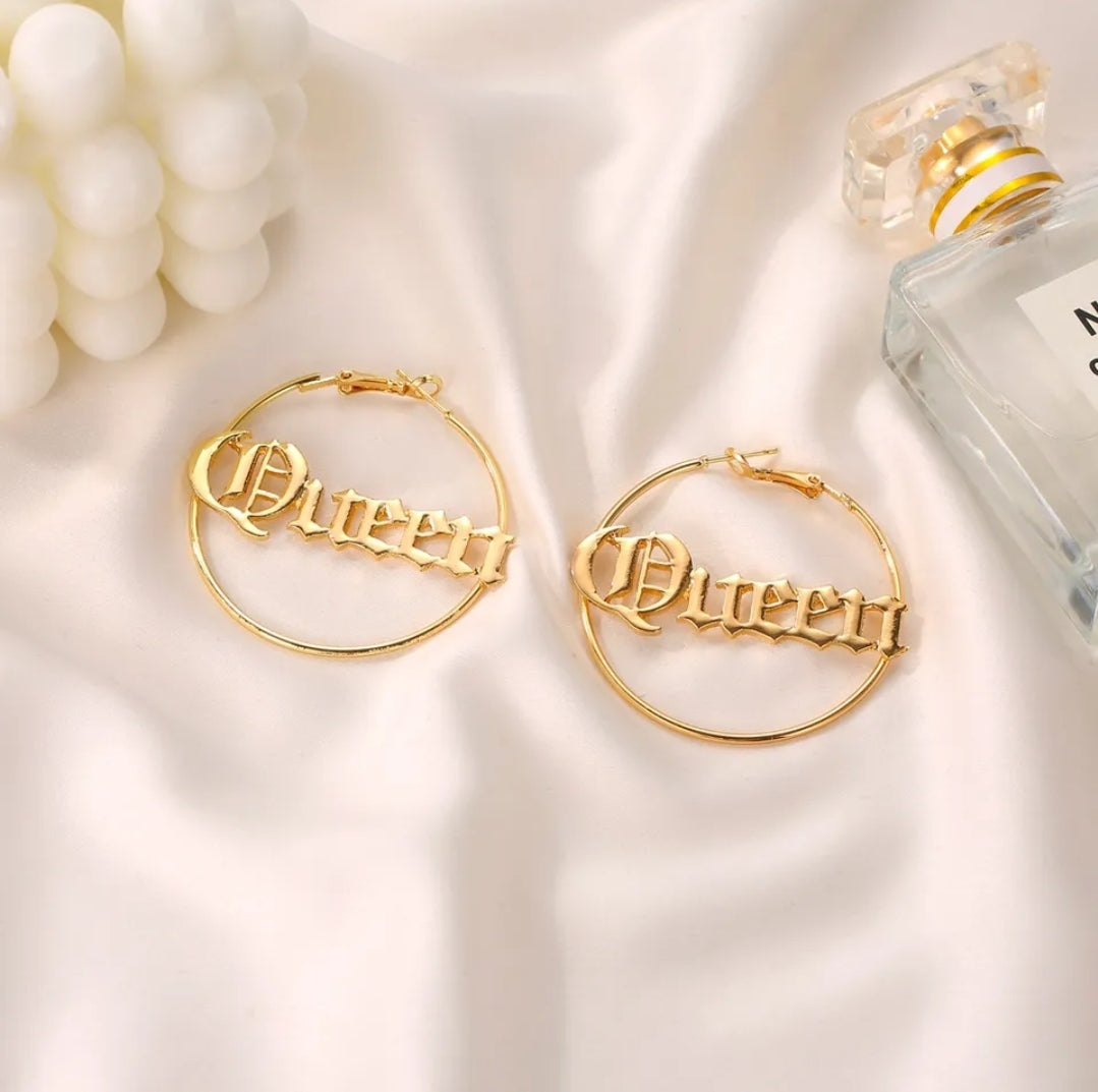 Queen Letter Hoop Earrings (Gold or Silver)