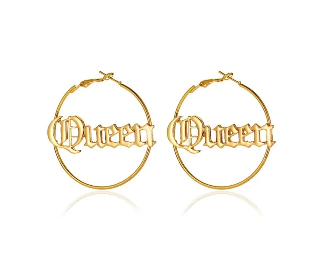 Queen Letter Hoop Earrings (Gold or Silver)