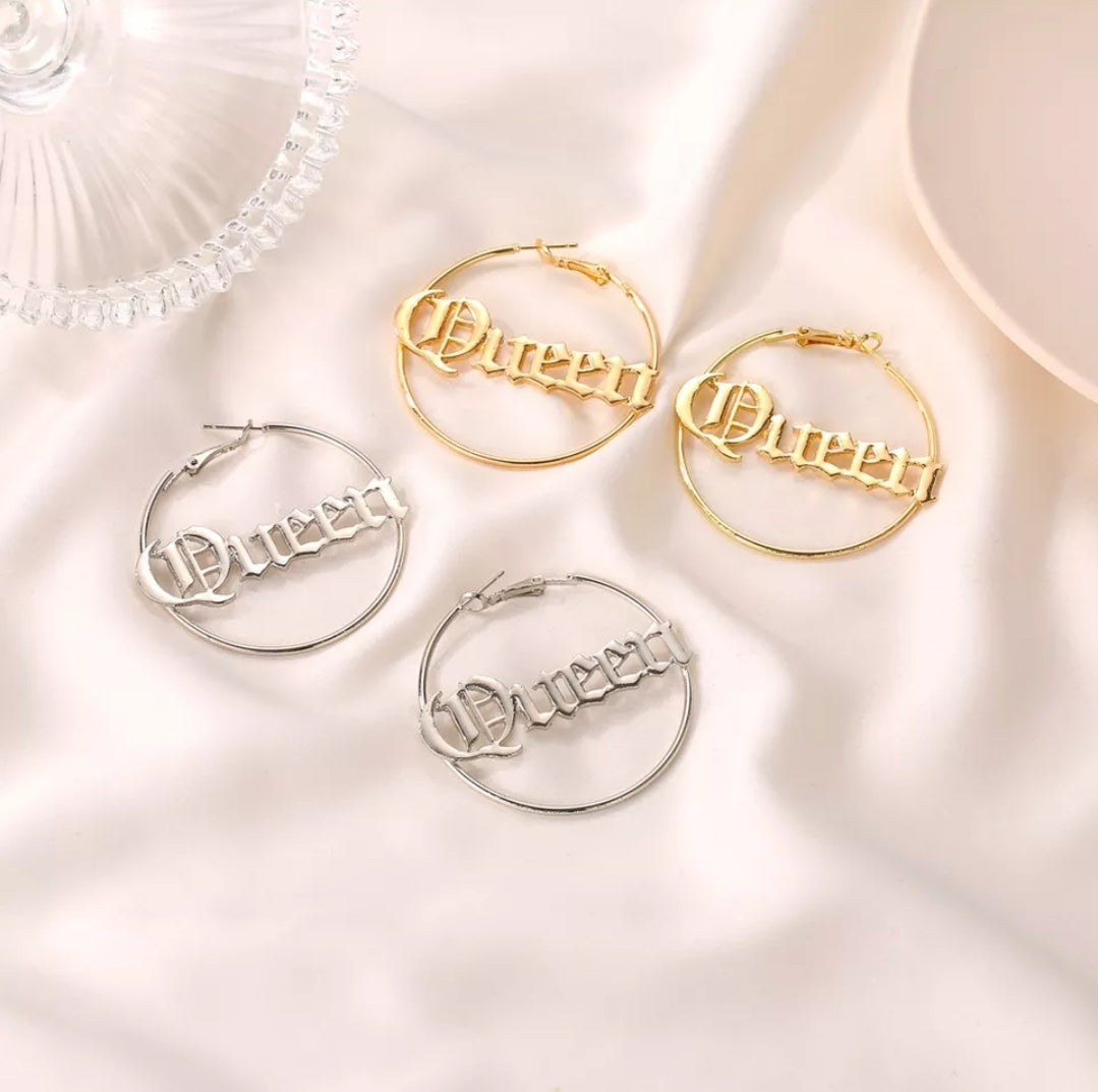 Queen Letter Hoop Earrings (Gold or Silver)
