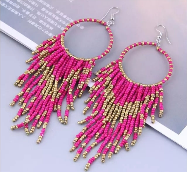 Seed Bead Tassel Earrings (Colors, Turquoise/Brown, Hot Pink/Gold, Black/Gold or Coral/Gold)