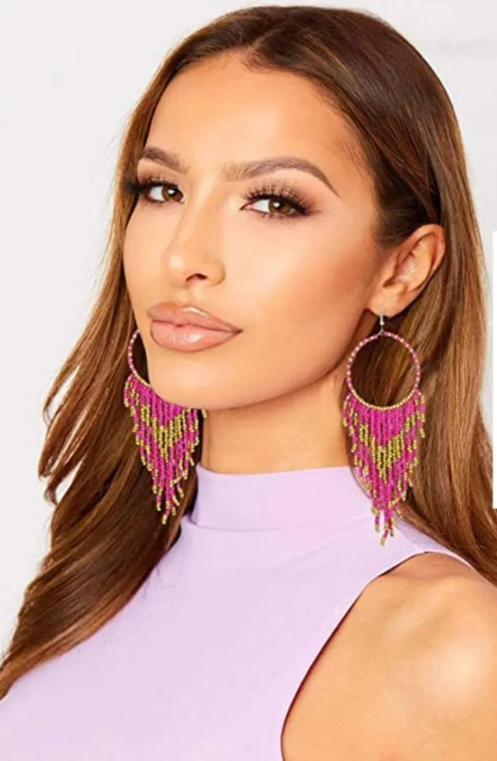 Seed Bead Tassel Earrings (Colors, Turquoise/Brown, Hot Pink/Gold, Black/Gold or Coral/Gold)