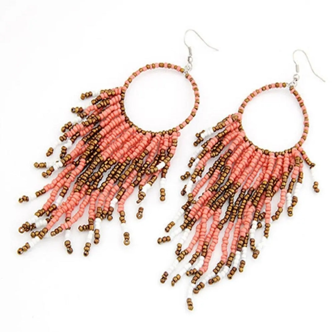 Seed Bead Tassel Earrings (Colors, Turquoise/Brown, Hot Pink/Gold, Black/Gold or Coral/Gold)