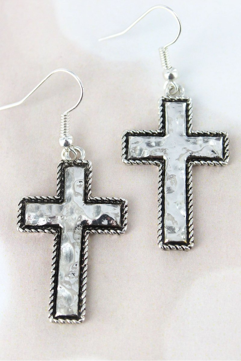 HAMMERED SILVERTONE CROSS EARRINGS
