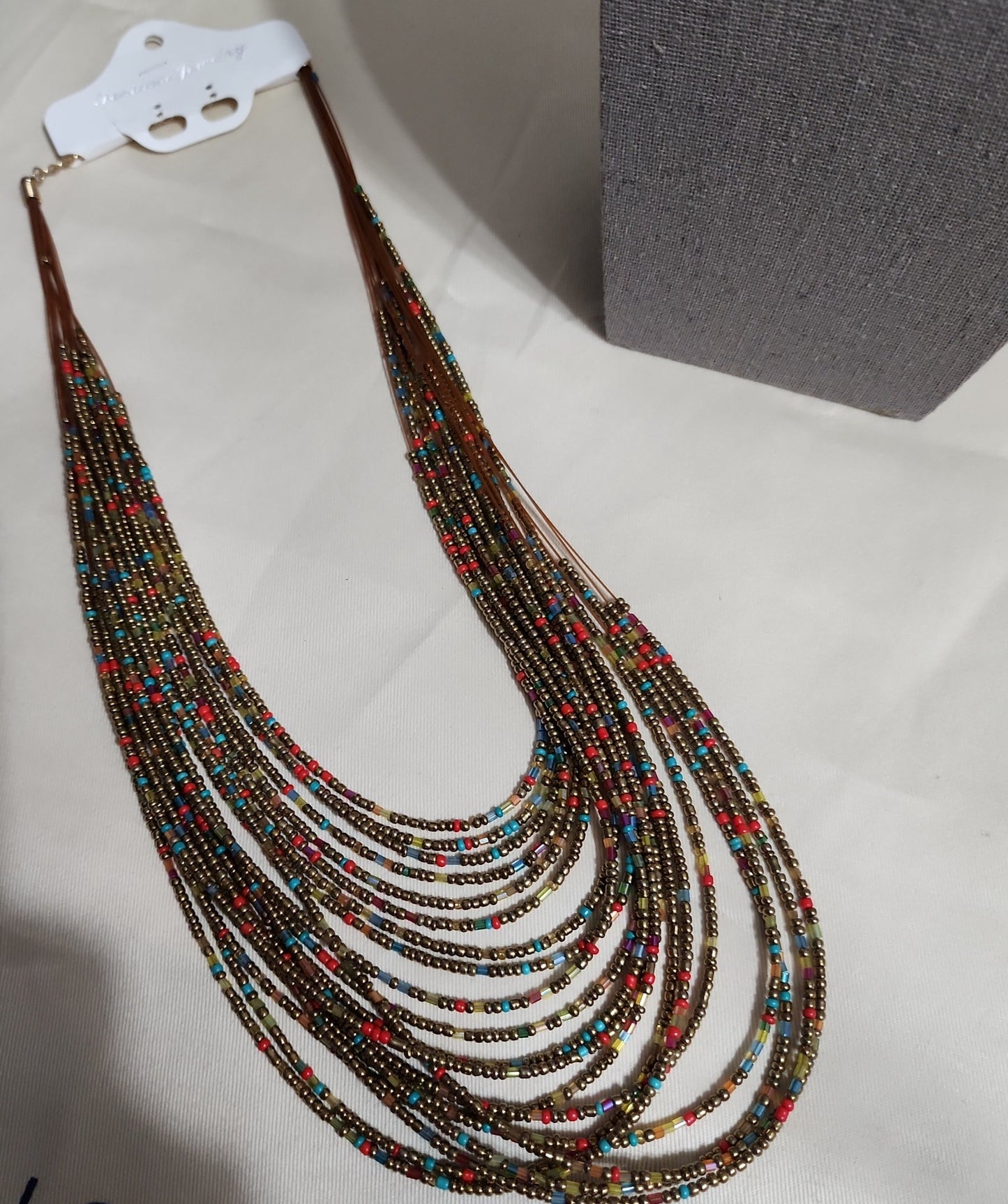 Multi Color Boho Brass, Gold Seed Bead Necklace