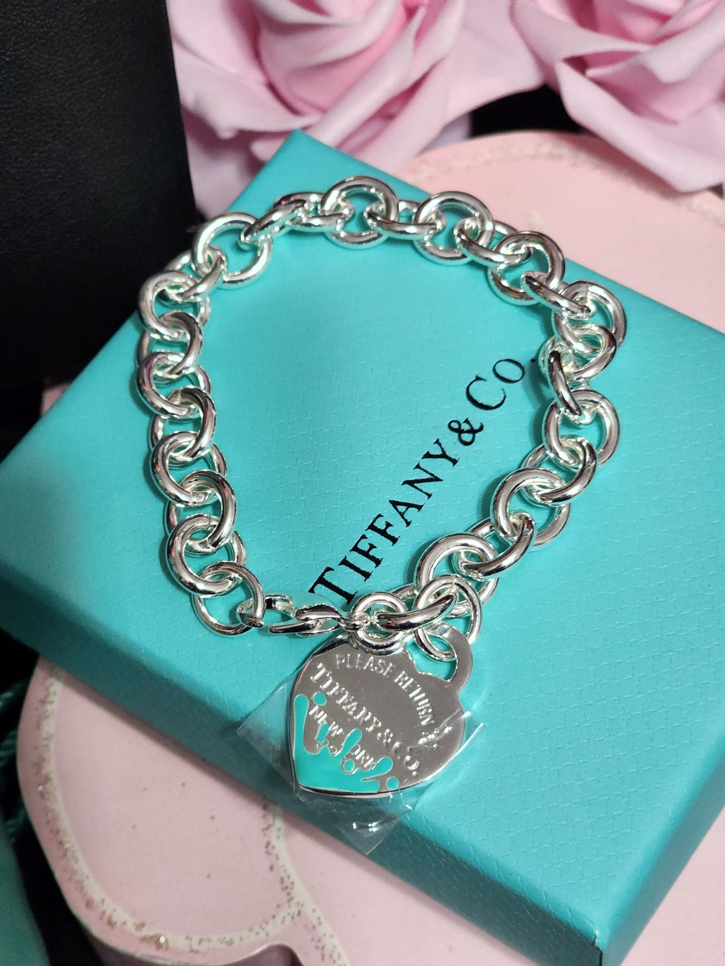 Inspired By Tiffany & Company, Blue Dripping Heart, 925 Silver Necklace & Bracelet Set