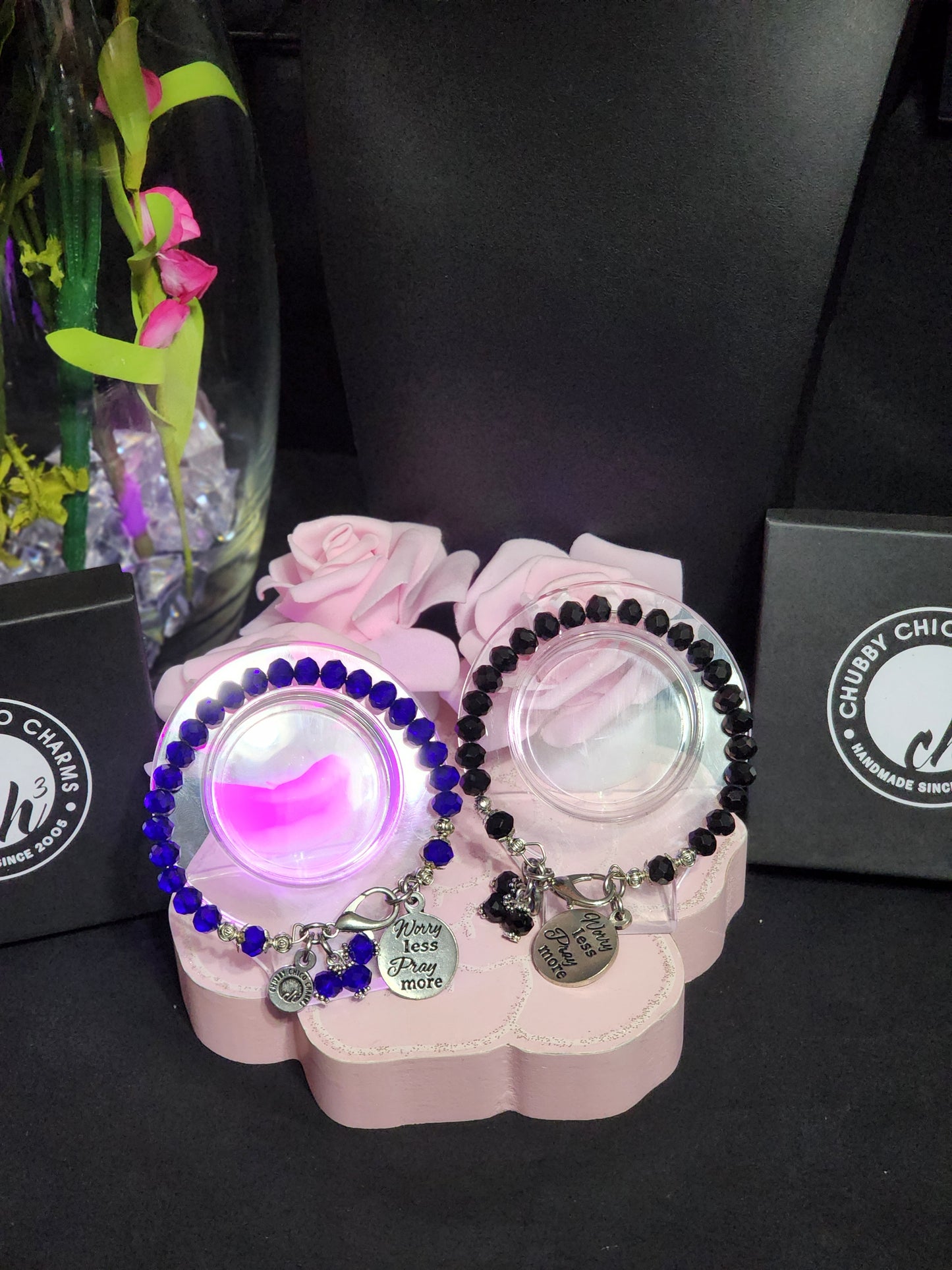 Worry Less Pray More Splash Of Color Crystal Bracelet - Electric Purple or Black  (Chubby Chico Charms Company)