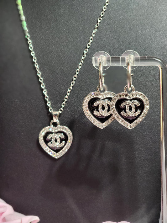Inspired Silver Heart Necklace with Earrings Sets