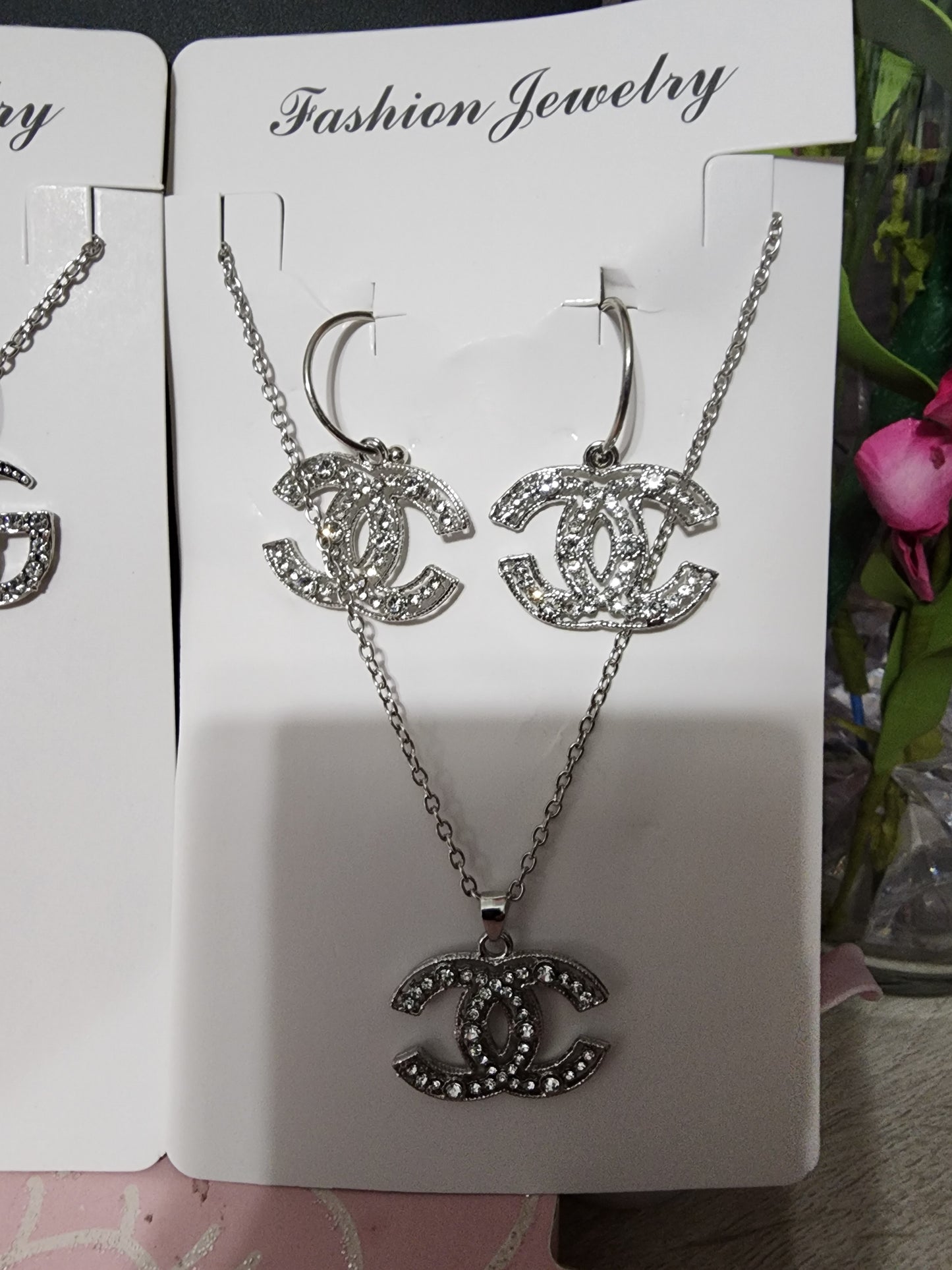 Inspired Silver Rhinestone Earrings and Necklace Sets