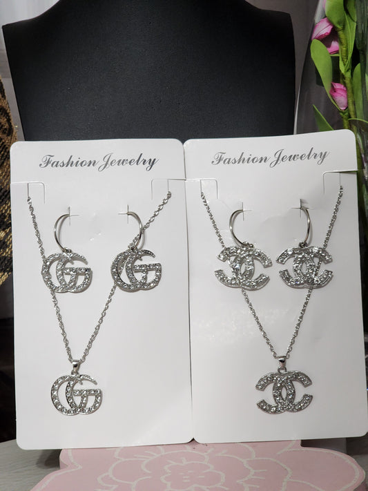 Inspired Silver Rhinestone Earrings and Necklace Sets