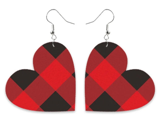 Valentines Day, Plaid Heart Leather Earrings