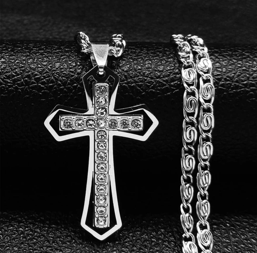 Mens Gold or Silver Stainless Steel Cross Pendant with Necklace