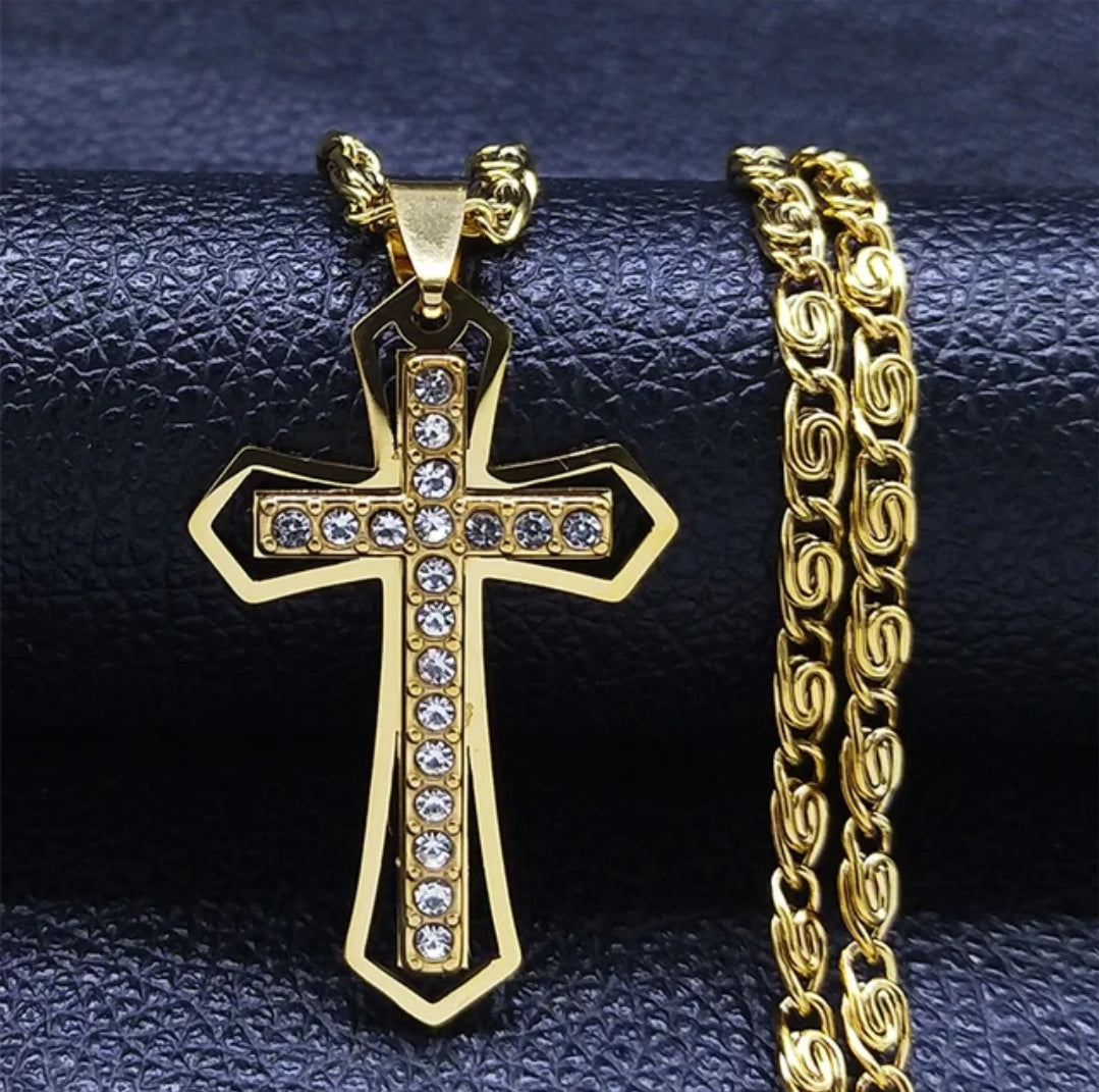 Mens Gold or Silver Stainless Steel Cross Pendant with Necklace