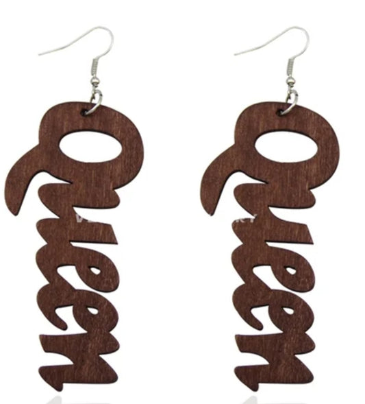 Wooden Queen Letter Drop Earrings