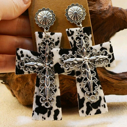 Western Cow Print Cross Earrings