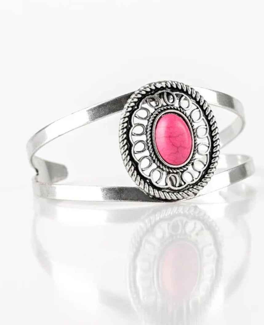 Pink Stone Silver Cuff Bracelet