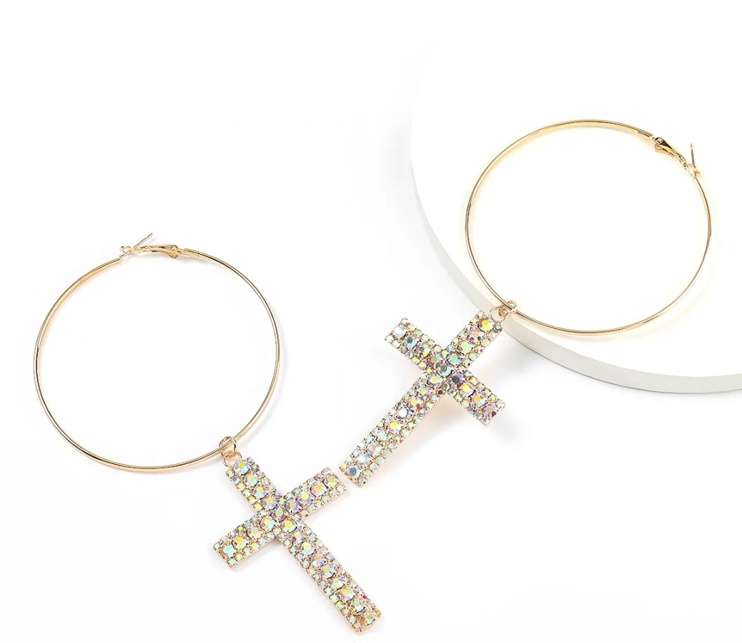 New Trendy Women's Rhinestone Cross Earrings