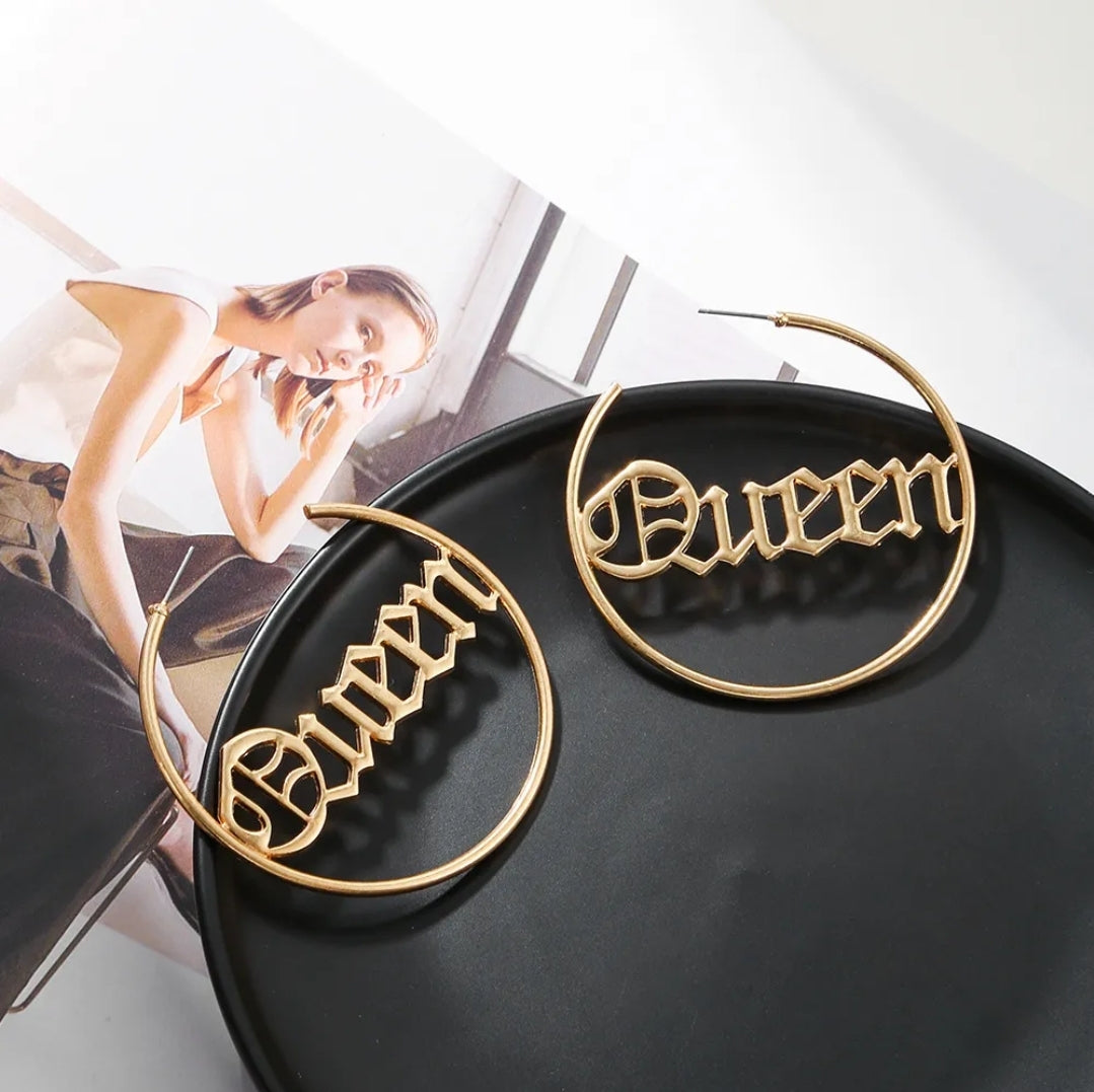 Queen Letter Hoop Earrings (Gold or Silver)