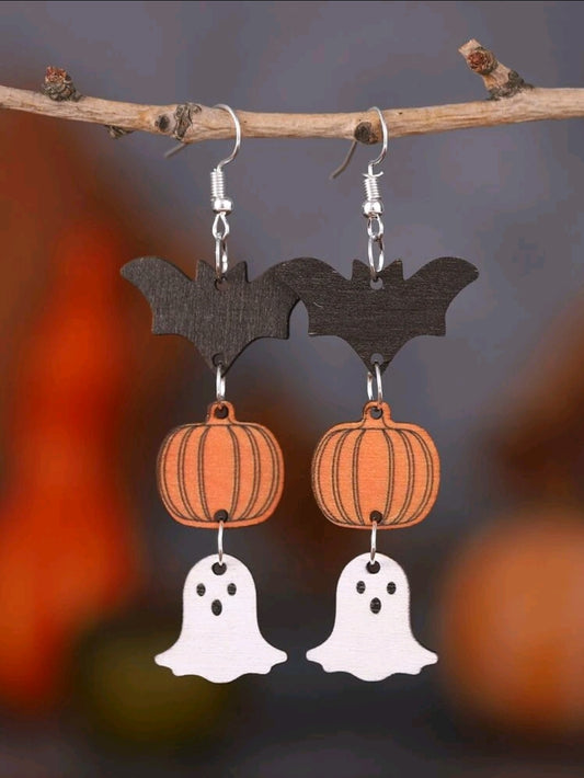 Halloween Pumpkin & Bat Drop Earrings