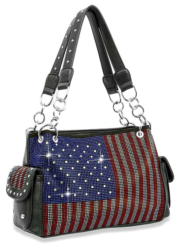 Conceal and Carry American Flag Rhinestone Handbag and Wallet Black