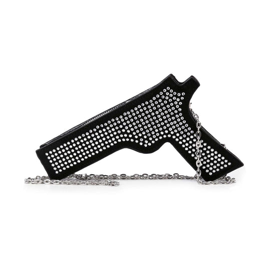 Rhinestone Pistol Design Evening Bag: Black