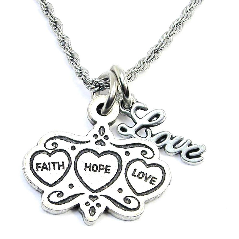 Faith Hope Love Triple Hearts 20" Rope Necklace With Love