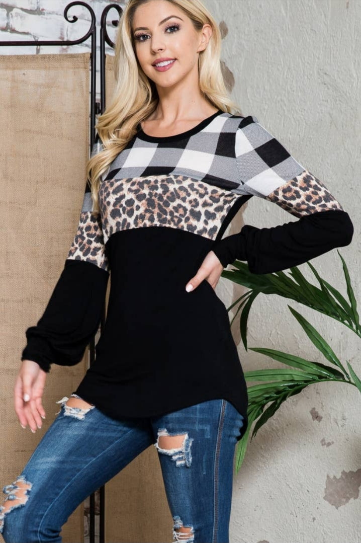 Plaid Leopard Solid Contrast Long Sleeve Top (CLEARANCE) Only Larges Available