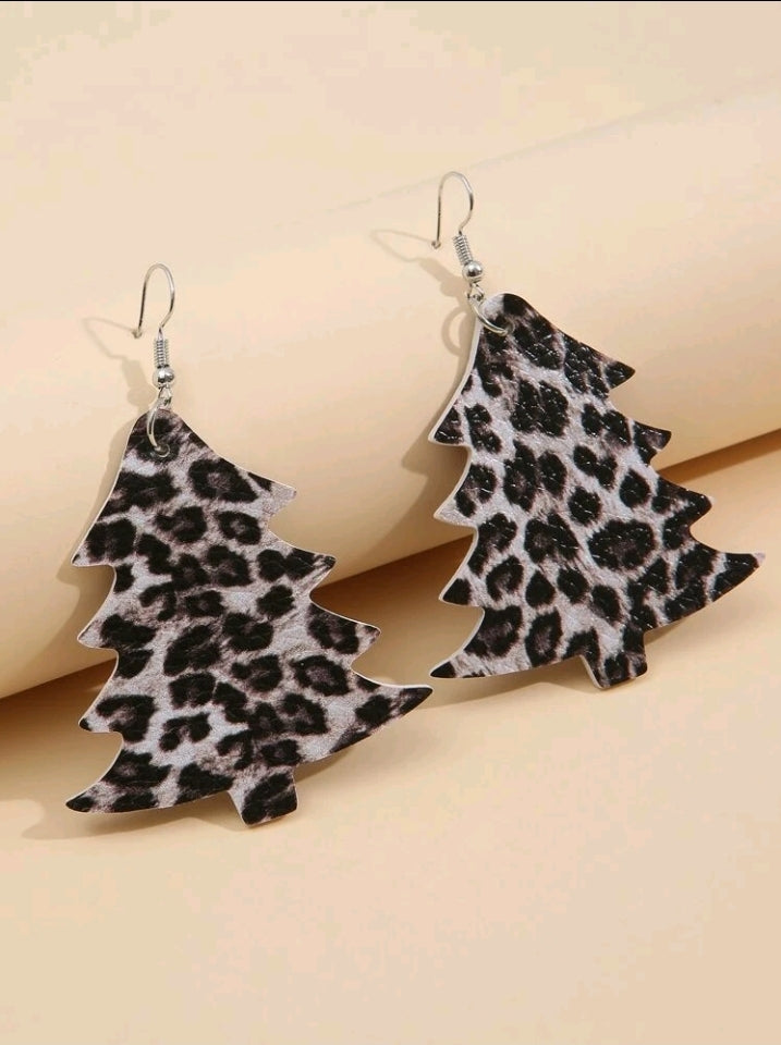Christmas Tree Leopard Print Leather Earrings