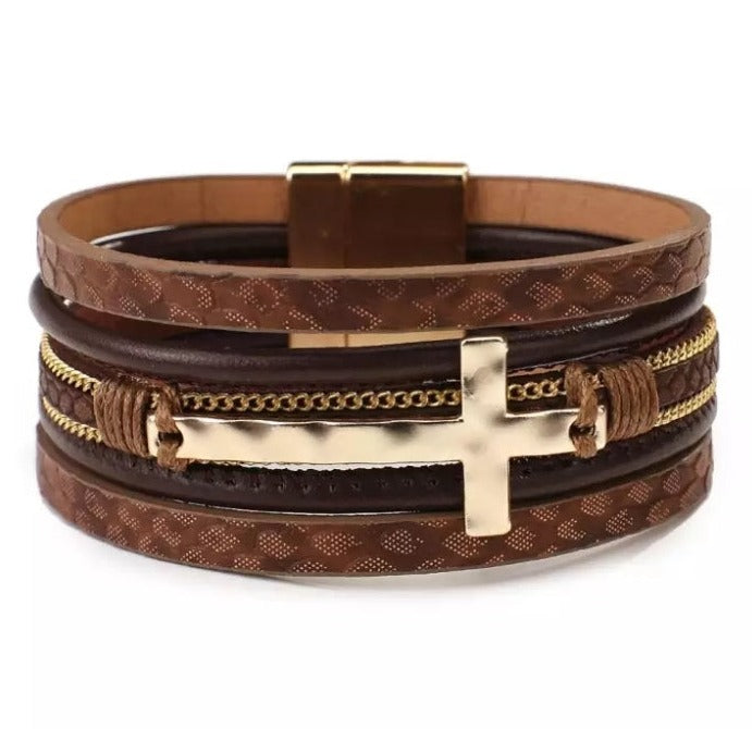 Leather Snakeskin, Hammered Cross Layered Magnetic Bracelet - 6 Colors Available