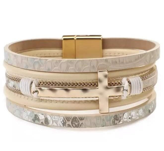 Leather Snakeskin, Hammered Cross Layered Magnetic Bracelet - 6 Colors Available