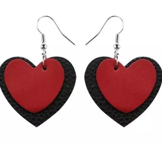 Valentine Day Red and Black Leather Heart Earrings