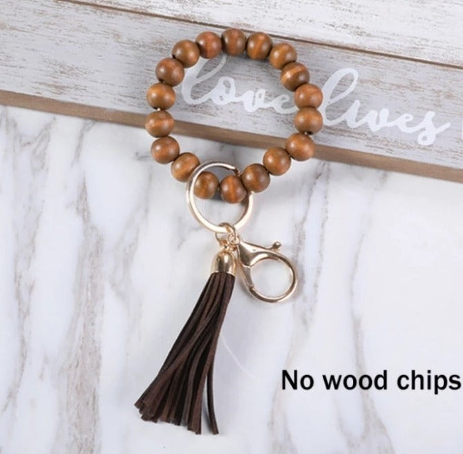 Keychain with Tassel and Wood Beaded Bracelet Keyring (Black, Brown, Grey, Cream or Pink)