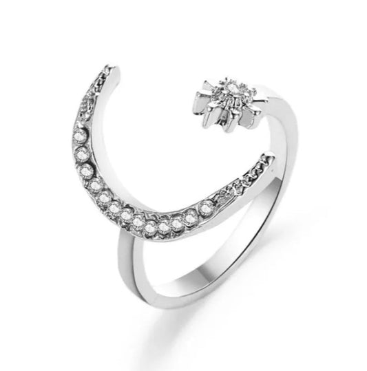 Moon and Star Crystal Adjustable Ring