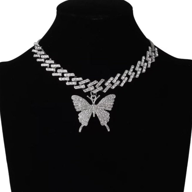 BIG Butterfly Pendent on a Cuban Link Chain with Rhinestones  (Silver, Multi-Color or Gold Available)