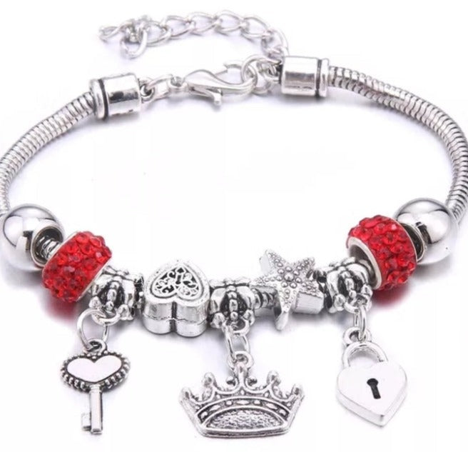 Charm Bracelet with Crown, Heart Key & Lock and Red Crystals