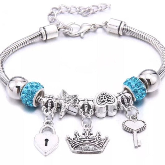 Charm Bracelet with Crown, Heart Key & Lock and Blue Crystals
