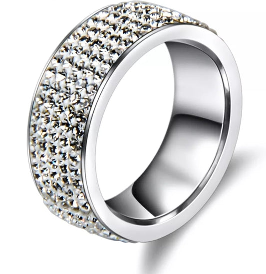 Stainless Steel Ring with 5 Rows of Crystal, Rhinestones (Sizes 6,7,8,9 and 10 Available)