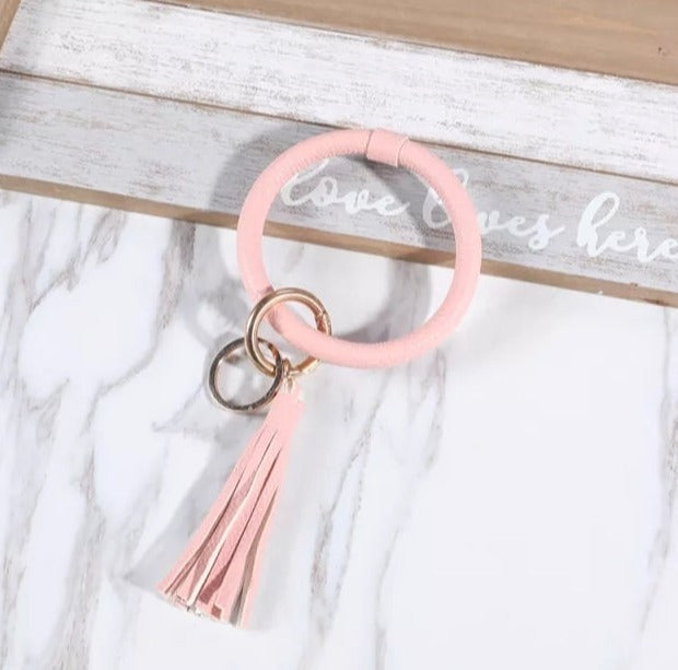 Keychain with Tassel and Wood Beaded Bracelet Keyring (Black, Brown, Grey, Cream or Pink)