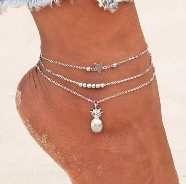 Pineapple and Star Pendant Anklet  (Available in Gold or Silver)