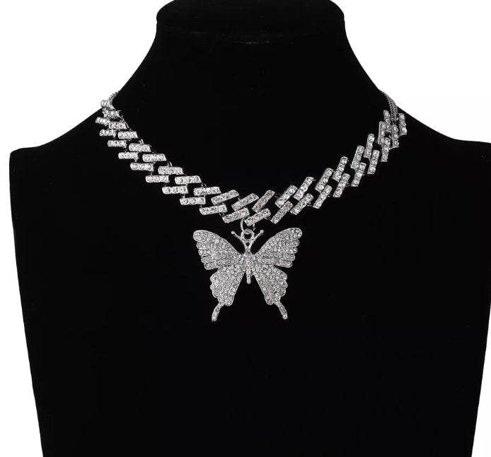 BIG Butterfly Pendent on a Cuban Link Chain with Rhinestones  (Silver, Multi-Color or Gold Available)