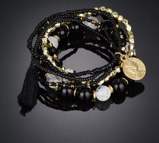 Multi-Layer Beaded Bracelet with Coin and Tassel Charms