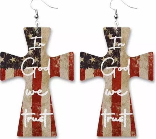 American Flag / Cross Earrings (Leather) In God We Trust