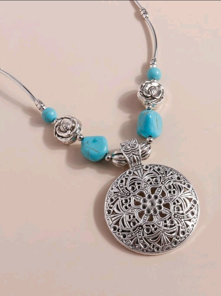 Turquoise Round Charm Necklace - Antique Silver