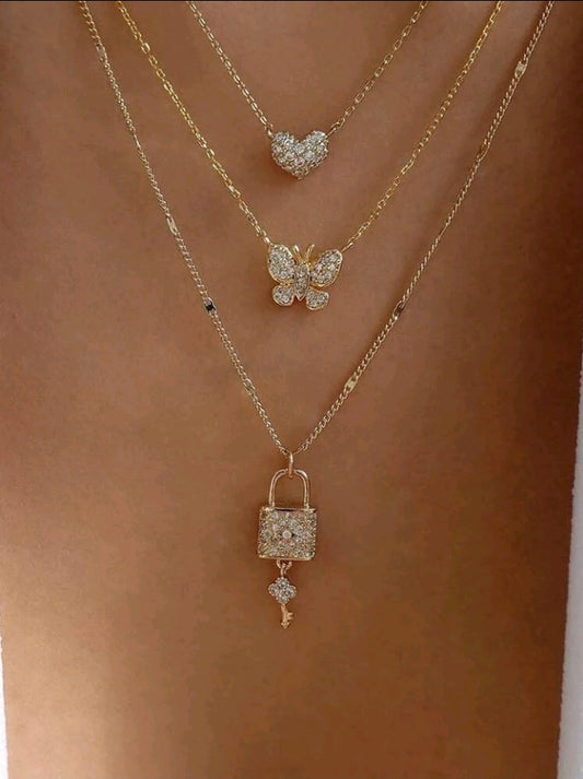 Rhinestone Padlock, Butterfly and Heart Pendants, Multi-Layered Necklace  (Gold)