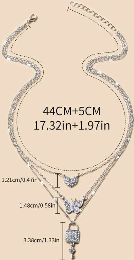 Rhinestone Padlock, Butterfly and Heart Pendants, Multi-Layered Necklaces