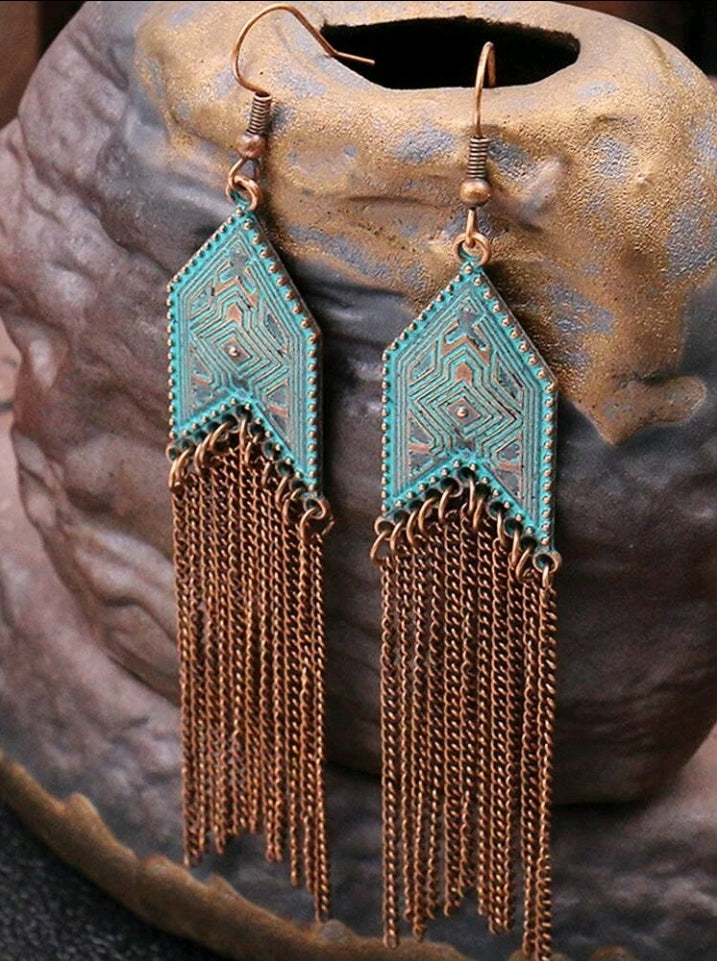 Boho Rustic Patina Style, Tassel Drop Earrings