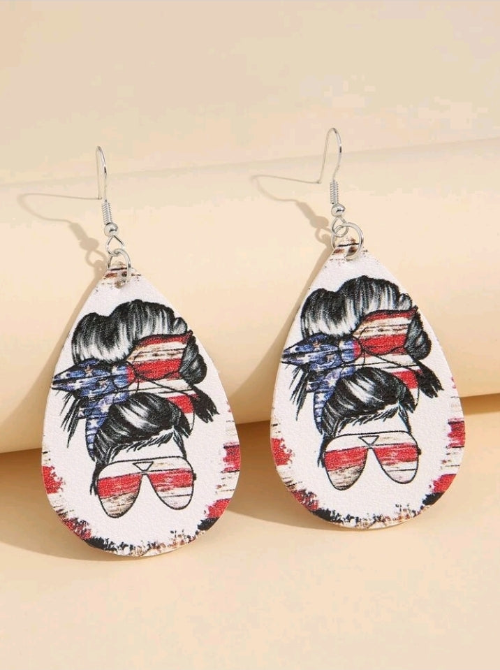 American Flag, Messy Bun, Water Drop Style Earrings