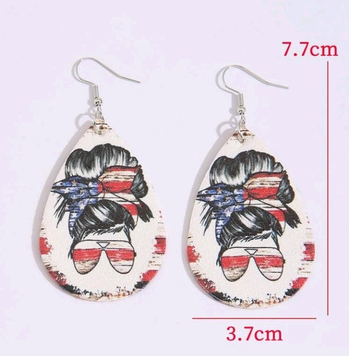 American Flag, Messy Bun, Water Drop Style Earrings