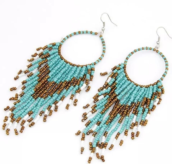 Seed Bead Tassel Earrings (Colors, Turquoise/Brown, Hot Pink/Gold, Black/Gold or Coral/Gold)