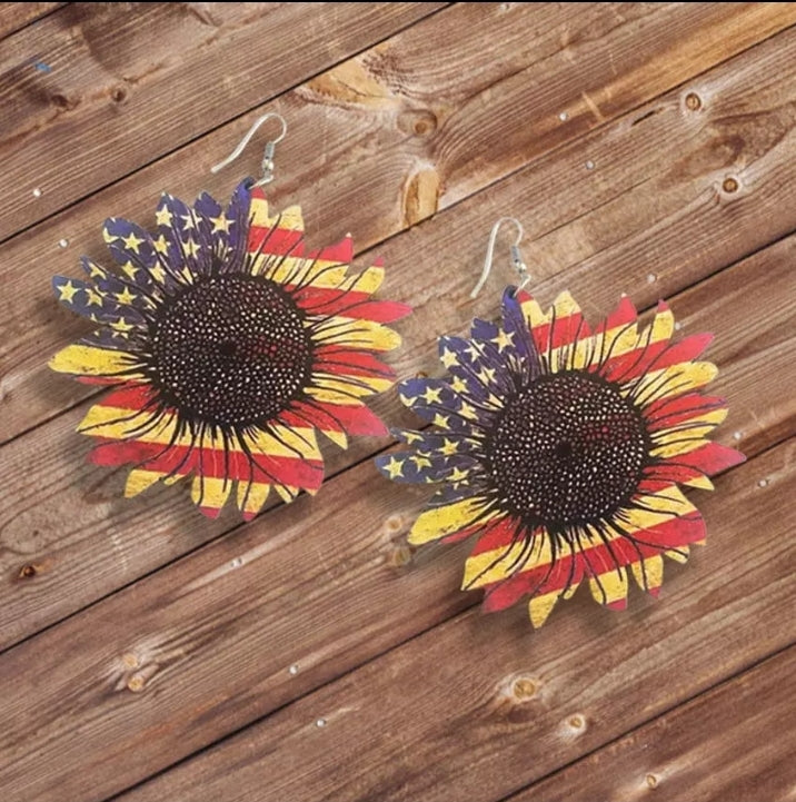 WOOD Sunflower, American Flag Earrings